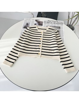 Black Stripes 2025 Spring Women Stripes Knit Cardigan O-neck Short Coat Single Breasted Long Sleeve Sweater