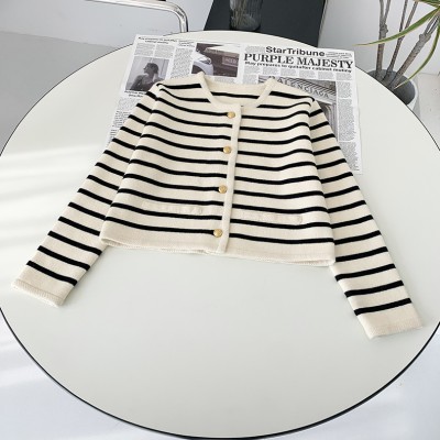 Black Stripes 2025 Spring Women Stripes Knit Cardigan O-neck Short Coat Single Breasted Long Sleeve Sweater